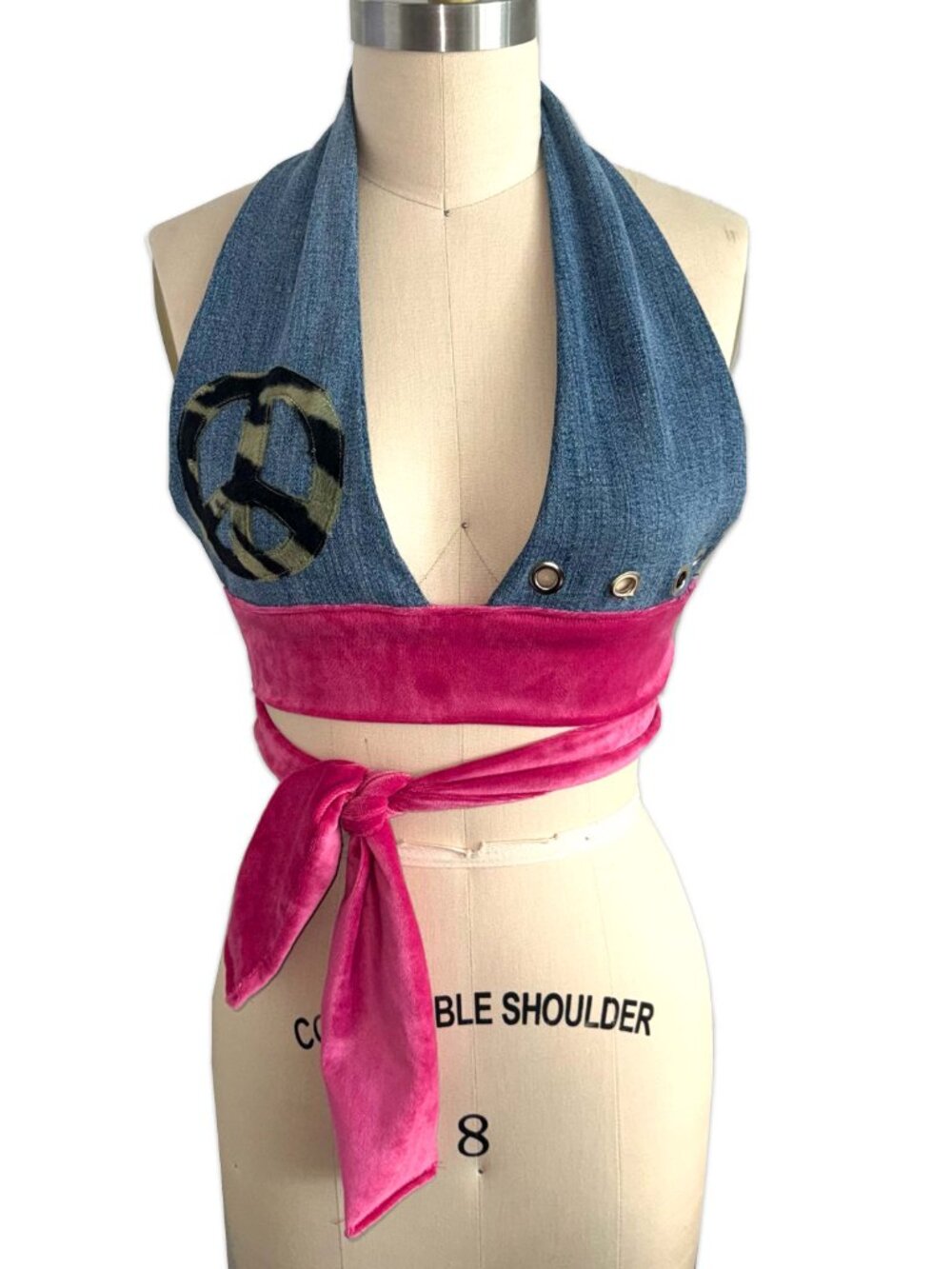 handmade upcycled denim & pink velvet peace sign halter ♡